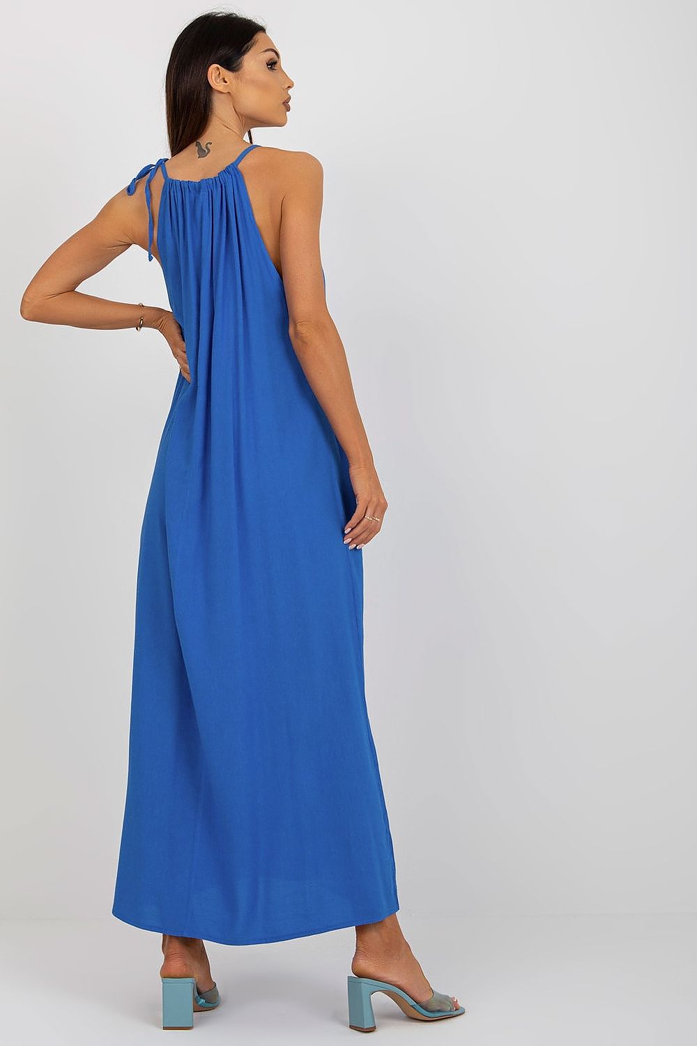 Elegant Och Bella Summer Long Dress with Loose Cut and Tied Straps - Cotton, Linen & Viscose Blend