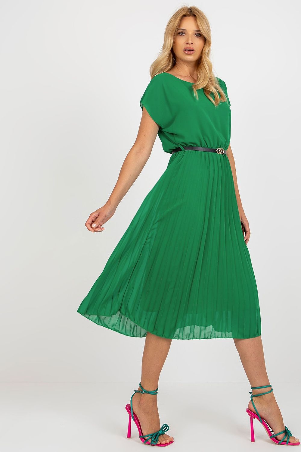 Elegant Italy Moda Cocktail Dress with Pleated Skirt and Black Belt for Formal Events