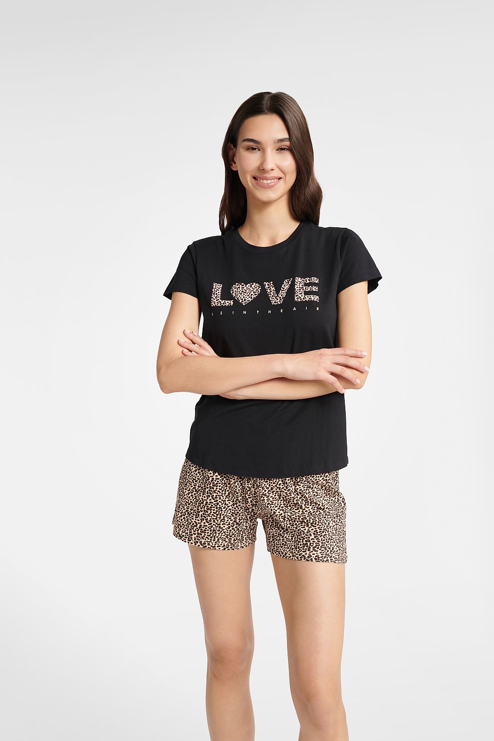 Henderson Women's Luxury 100% Cotton Two-Piece Pyjama Set - Black & Caramel Animal Print