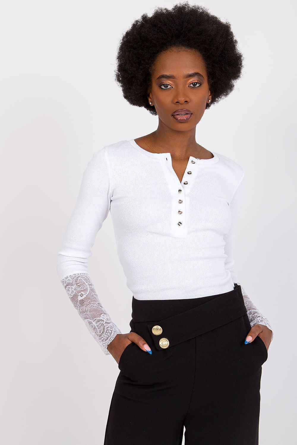 Elegant Ribbed Blouse With Lace Detail by Rue Paris – Daily Casual To Chic Style