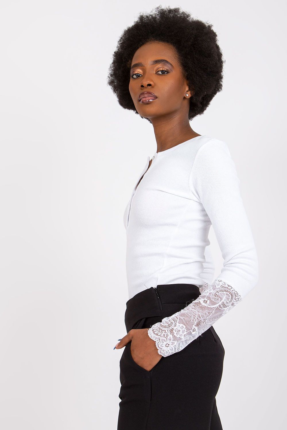 Elegant Ribbed Blouse With Lace Detail by Rue Paris – Daily Casual To Chic Style