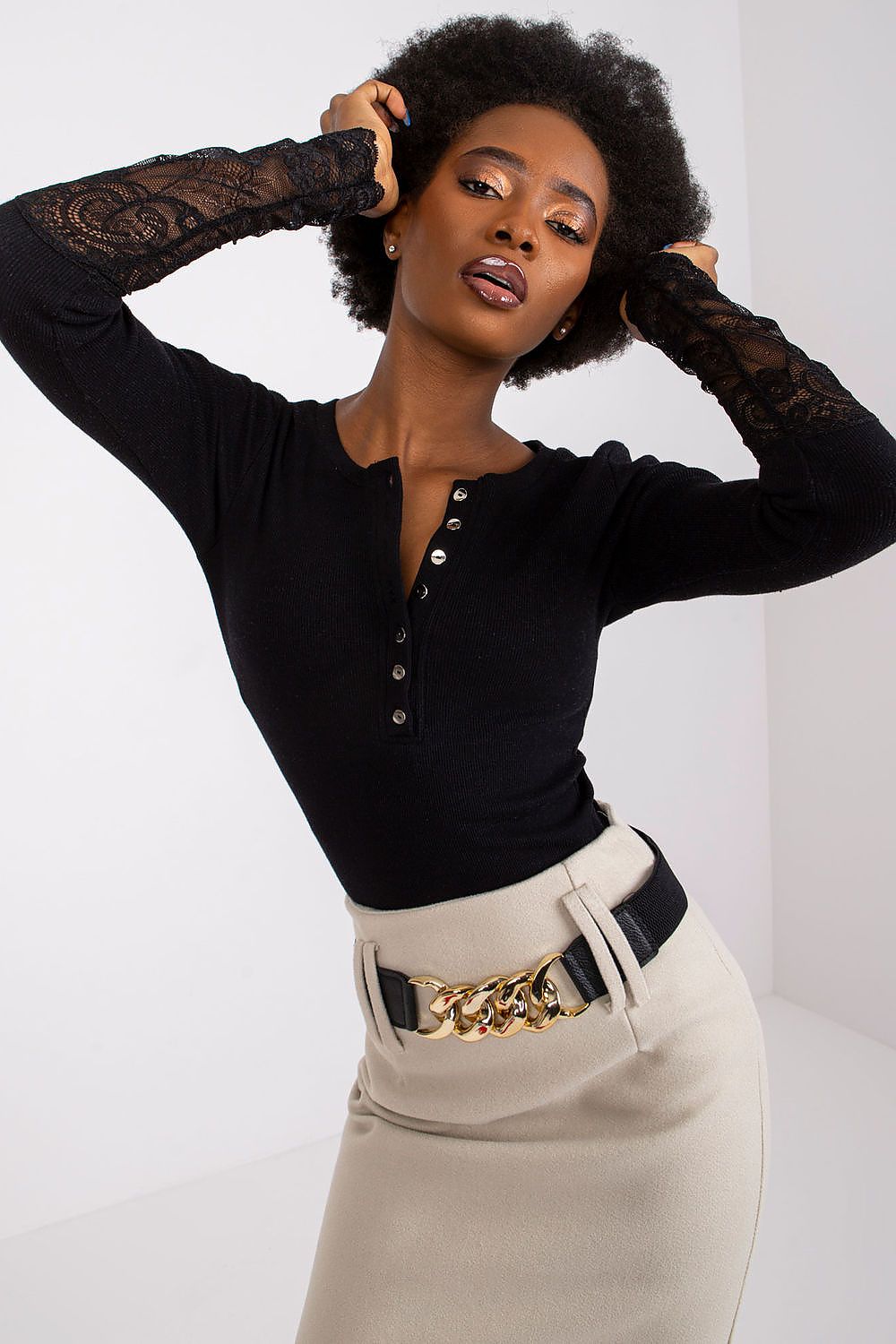 Elegant Ribbed Blouse With Lace Detail by Rue Paris – Daily Casual To Chic Style