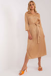 Elegant Lakerta Daydress with 3/4 Sleeves, V-Neck Collar, and Waist Tie in Ribbed Fabric
