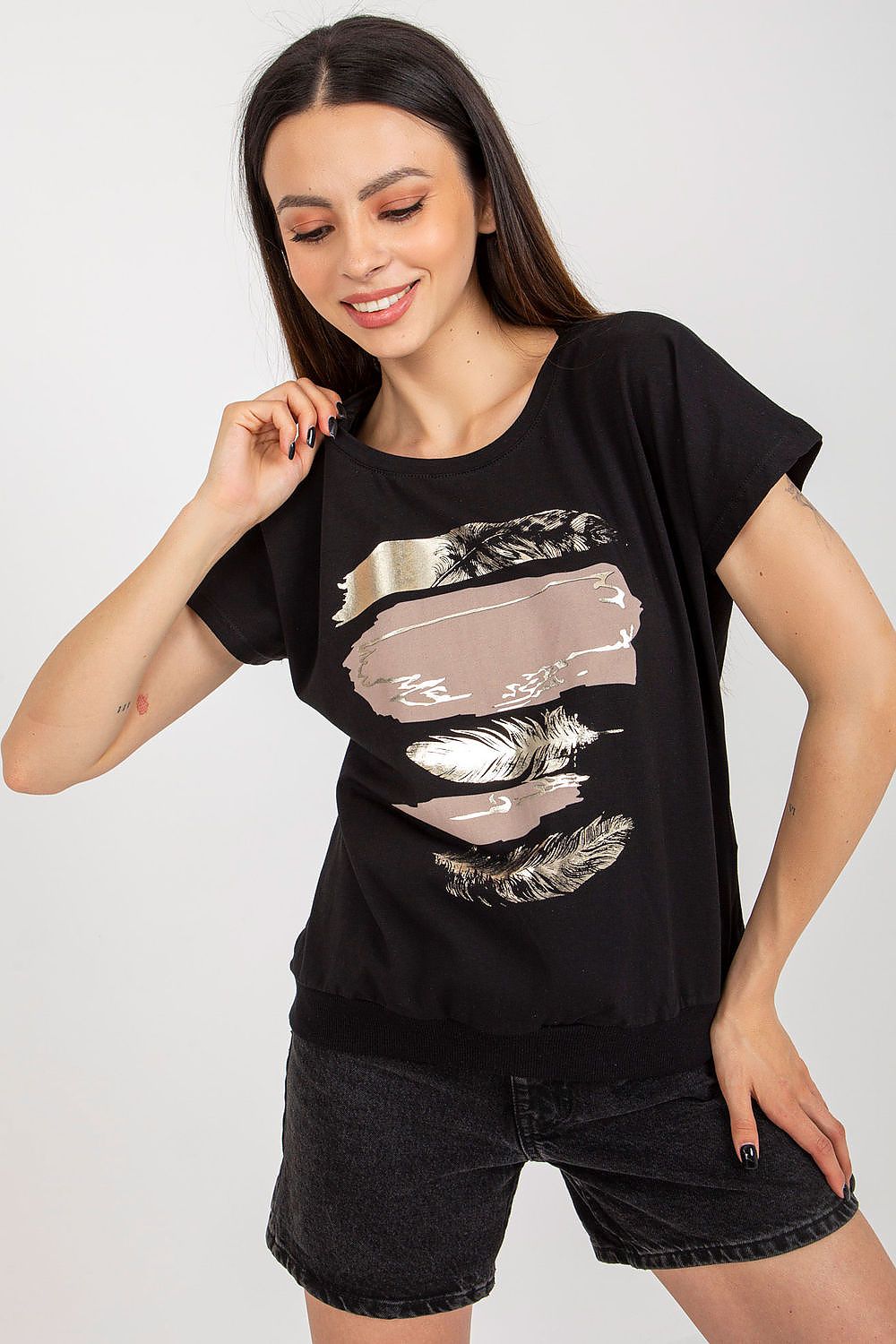 Elegant 90% Cotton Blouse by Rue Paris with Decorative Print and Short Sleeves