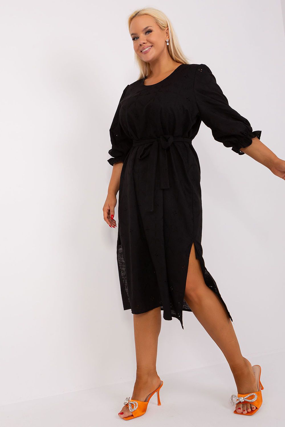 Luxurious Plus Size Cotton Dress with Embroidery, 3/4 Sleeves & Tie Waist by Lakerta