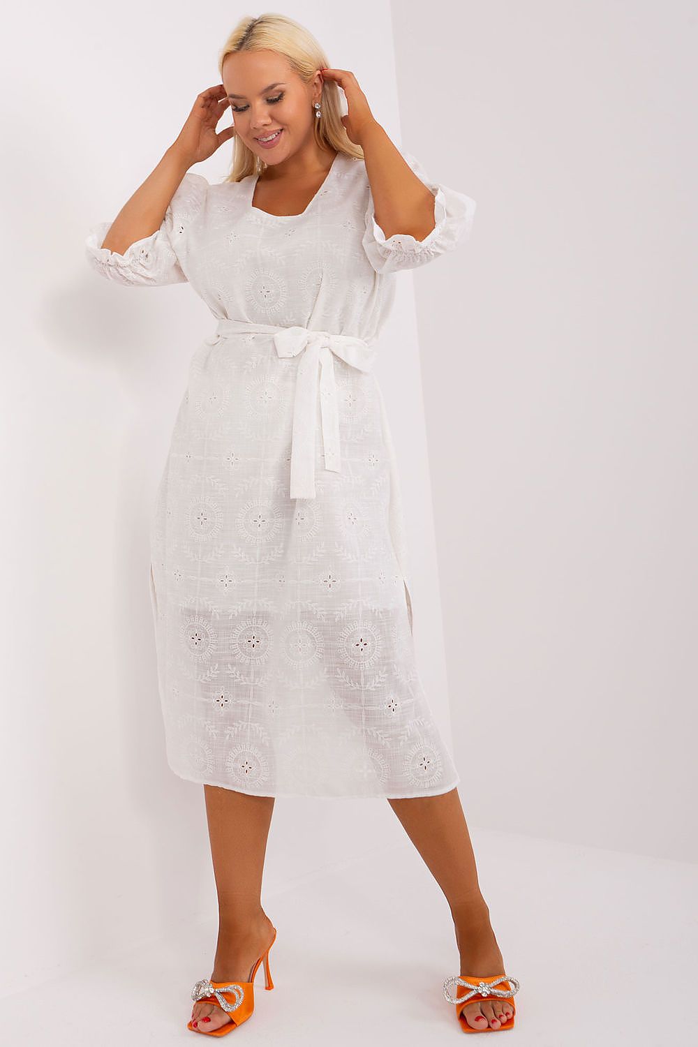 Luxurious Plus Size Cotton Dress with Embroidery, 3/4 Sleeves & Tie Waist by Lakerta