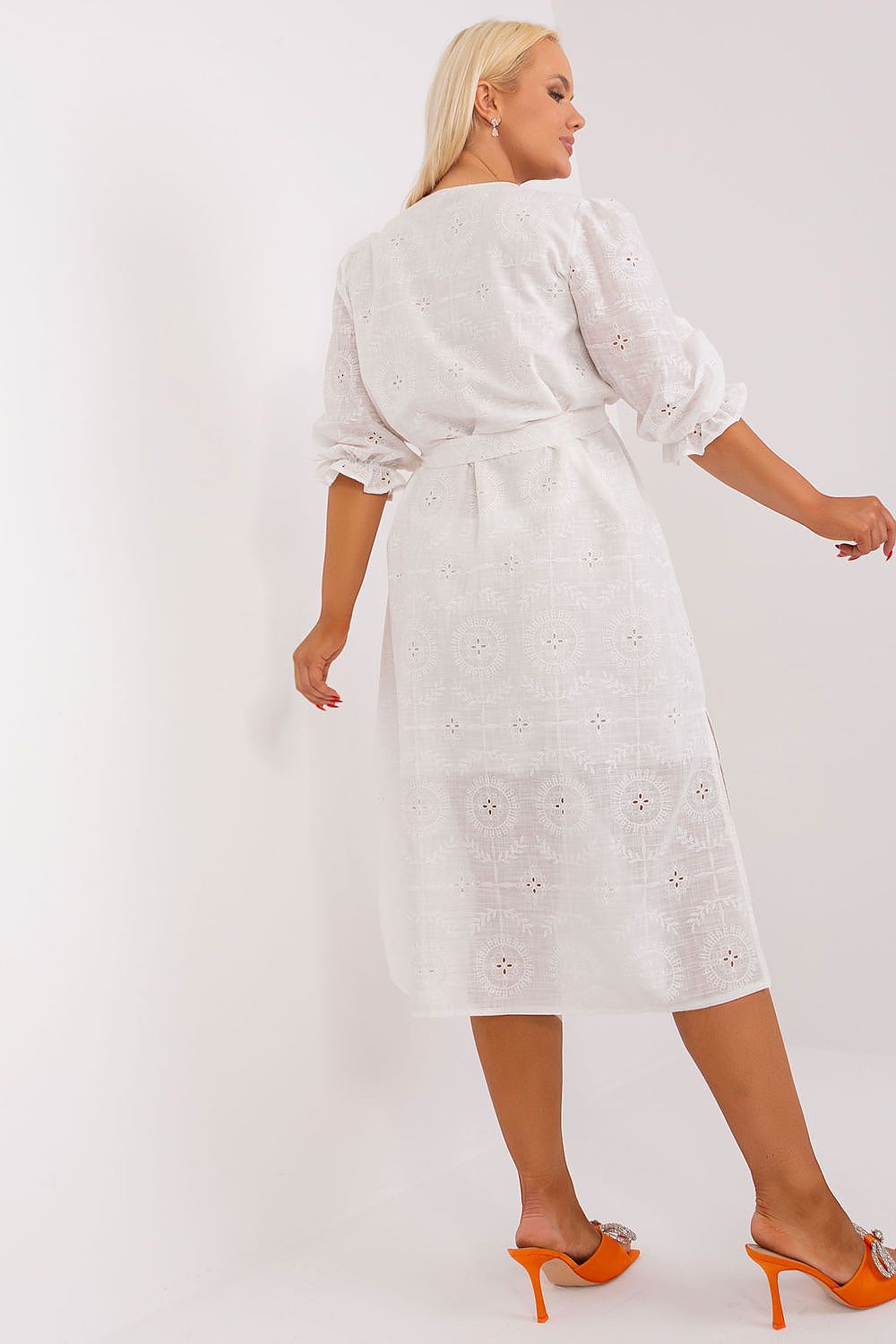 Luxurious Plus Size Cotton Dress with Embroidery, 3/4 Sleeves & Tie Waist by Lakerta