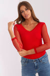 Elegant Rue Paris Ribbed Blouse with Transparent Long Sleeves and Heart Neckline