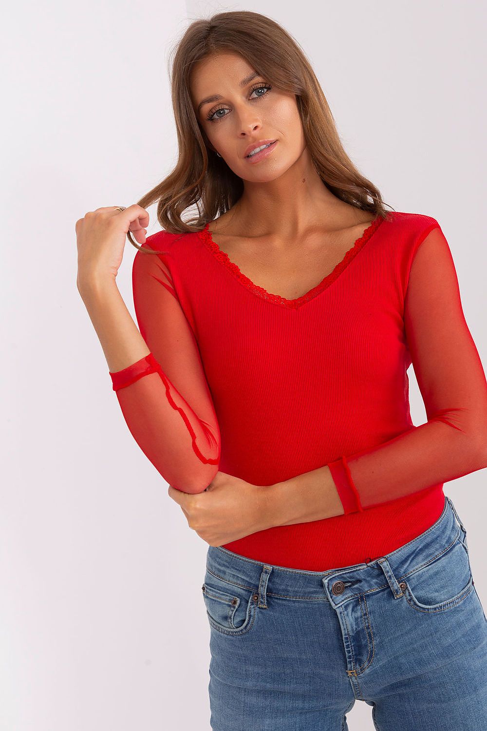 Elegant Rue Paris Ribbed Blouse with Transparent Long Sleeves and Heart Neckline