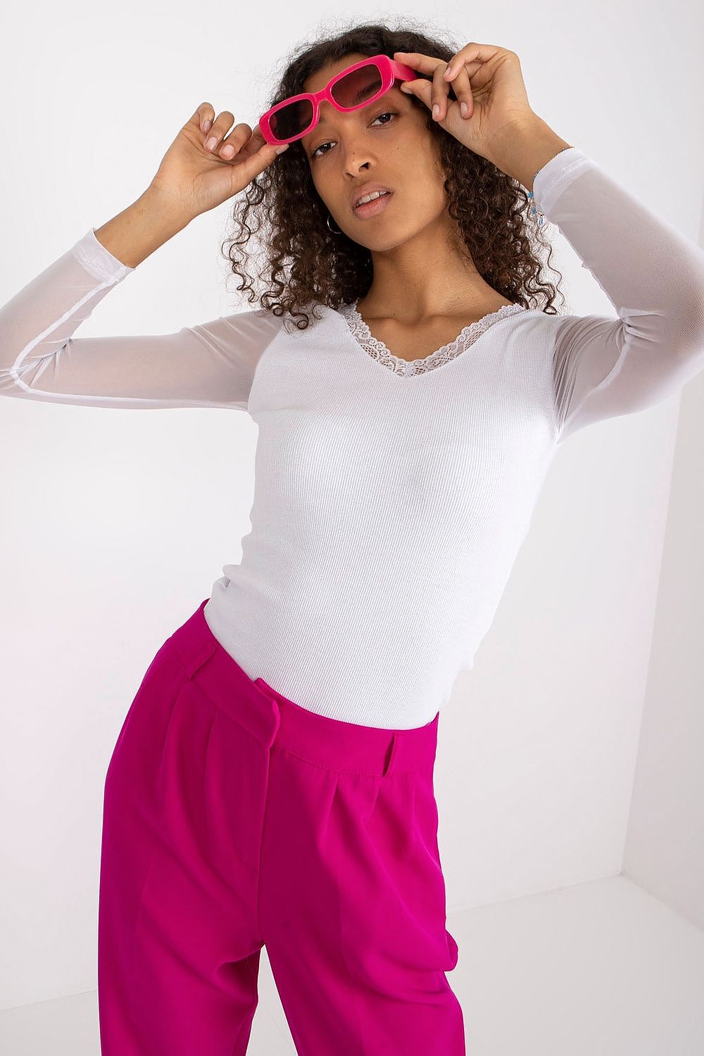 Elegant Rue Paris Ribbed Blouse with Transparent Long Sleeves and Heart Neckline