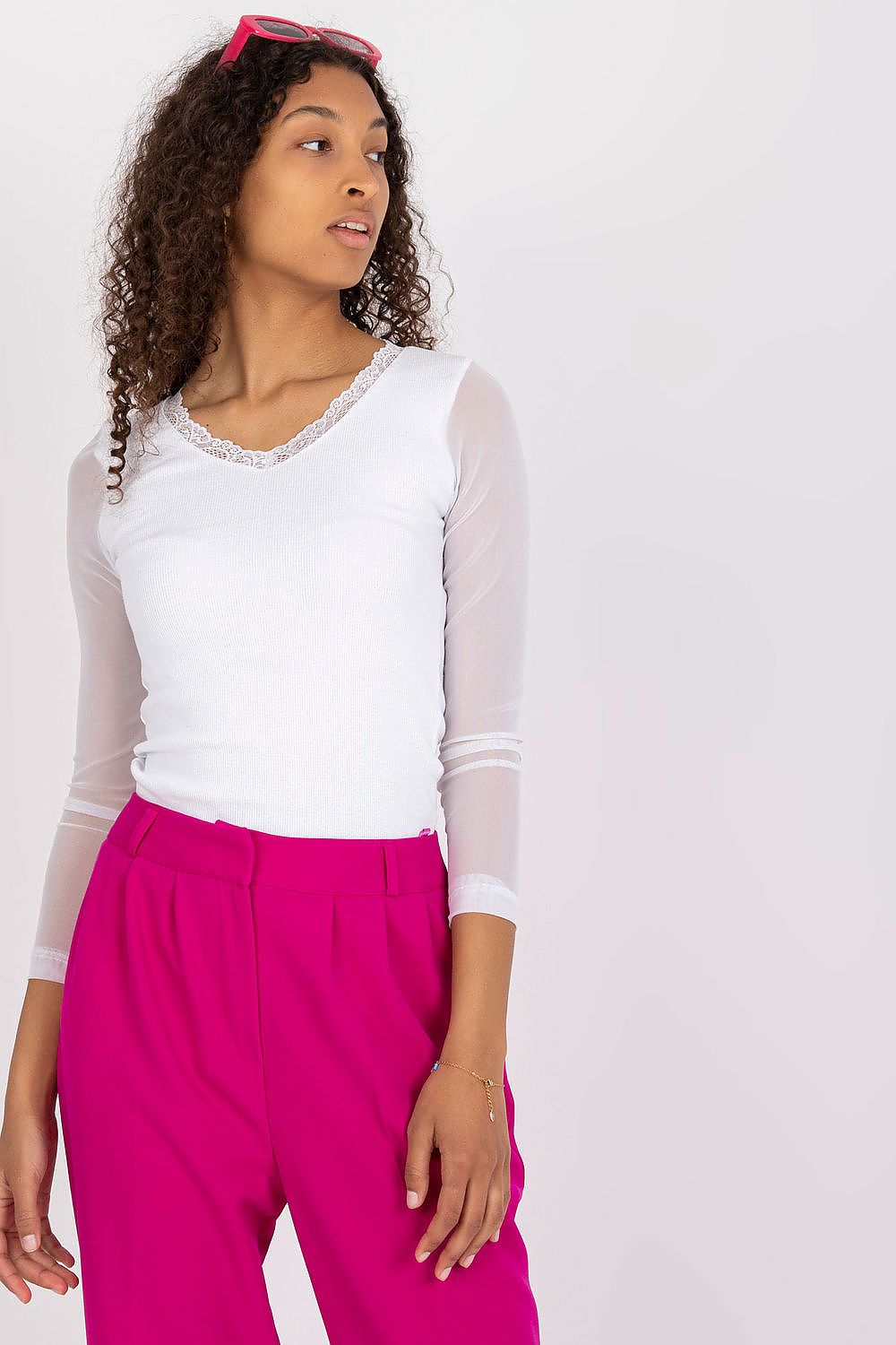 Elegant Rue Paris Ribbed Blouse with Transparent Long Sleeves and Heart Neckline