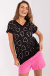 Rue Paris Heart Neckline Blouse with Glittering Print - Stylish Short Sleeve Cotton Blend Top
