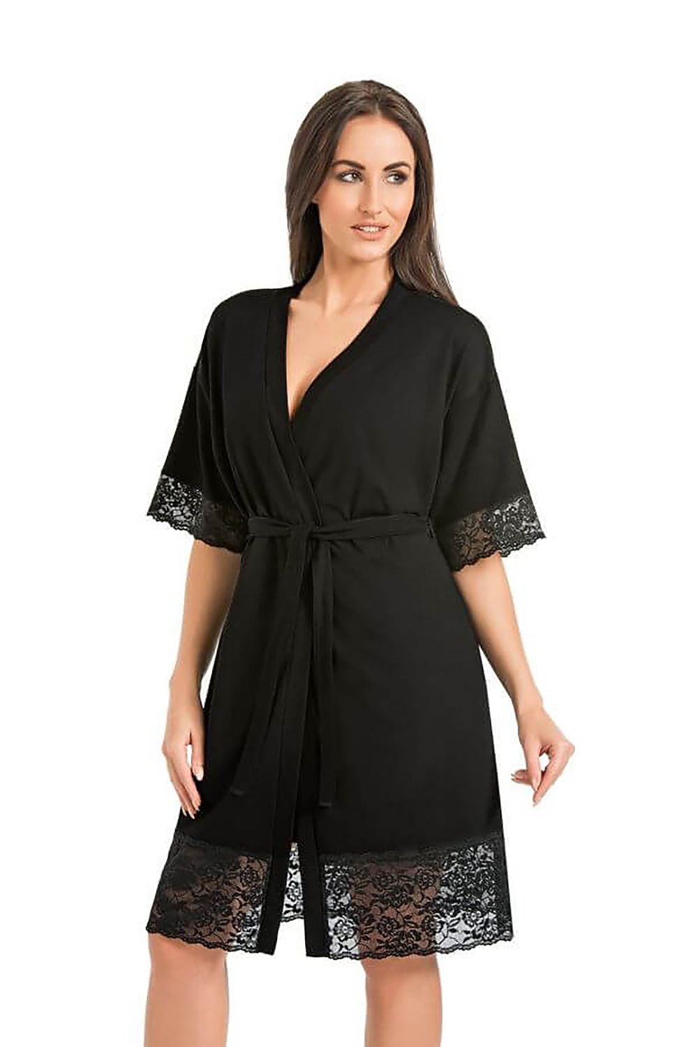 Elegant Black Women's Bathrobe Teyli with Floral Lace - Knee-Length, Breathable Comfort