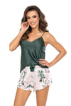 NELLY 1/2 Silk Satin Pyjama Set in Deep Green with Floral Motifs - Elegant Sleepwear
