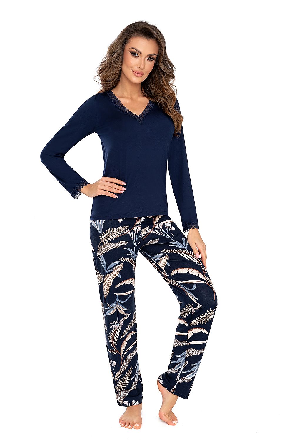Luxury Helen Pajamas for Women - Navy Blue Blouse with Floral Print Pants, Made in Poland