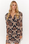 Makadamia Women's Fitted Mini Dress with Heart Neckline and Decorative Bling in 4 Stylish Patterns