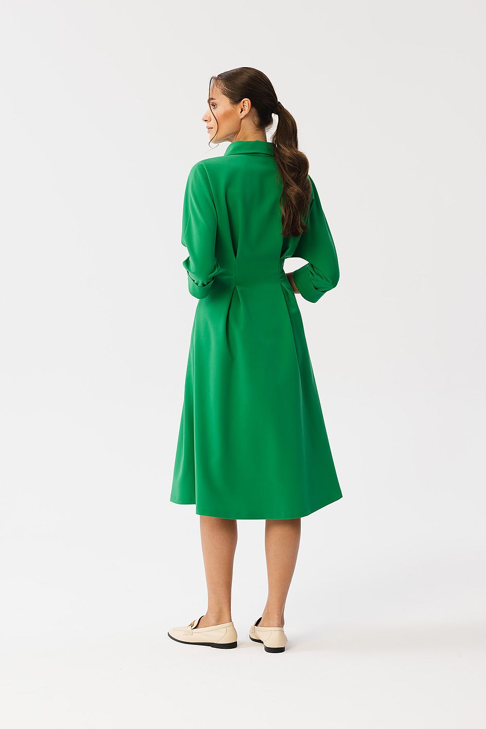 Stylove Elegant Daydress with Collar, Button Closure, 3/4 Sleeves, and Waist Pleats