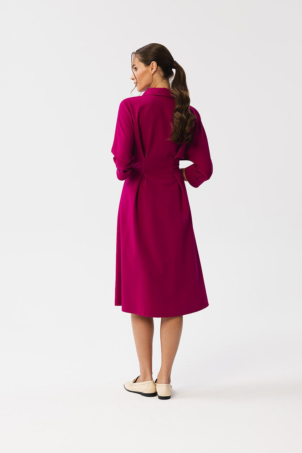 Stylove Elegant Daydress with Collar, Button Closure, 3/4 Sleeves, and Waist Pleats