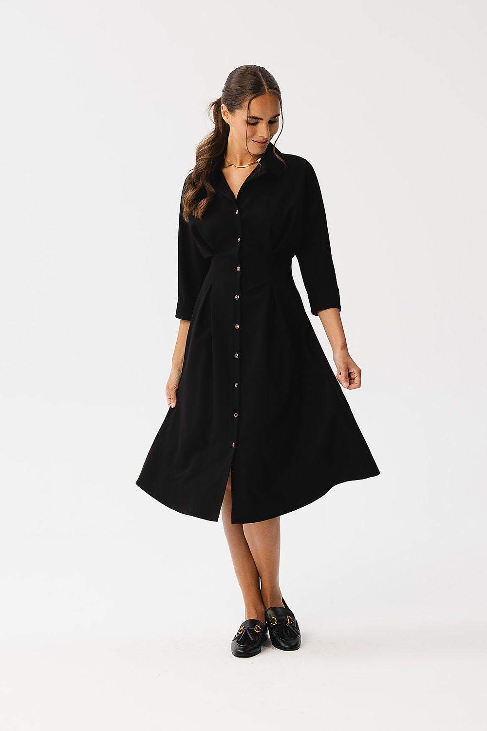 Stylove Elegant Daydress with Collar, Button Closure, 3/4 Sleeves, and Waist Pleats