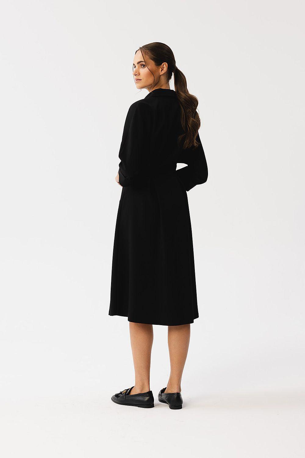 Stylove Elegant Daydress with Collar, Button Closure, 3/4 Sleeves, and Waist Pleats
