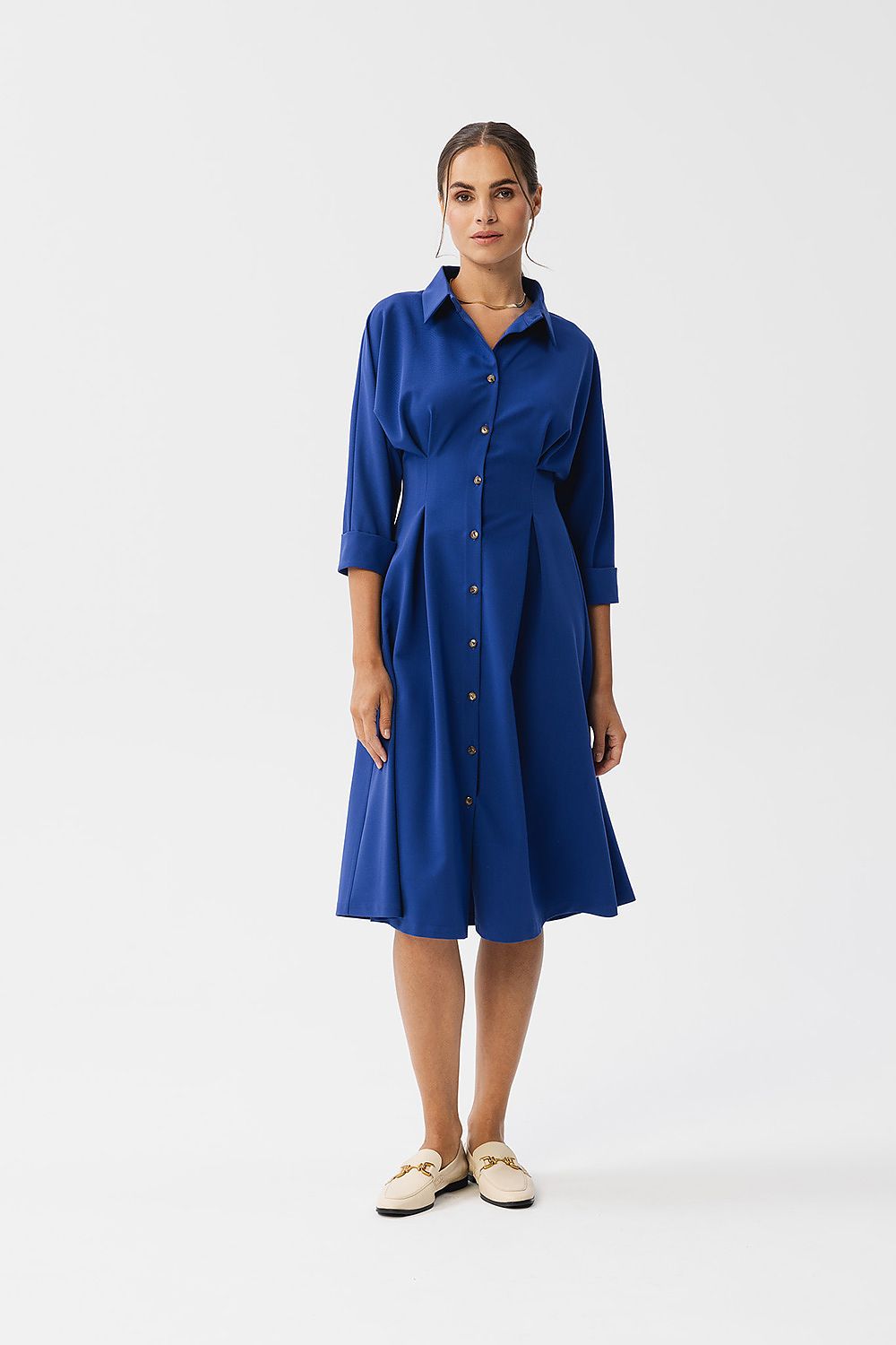 Stylove Elegant Daydress with Collar, Button Closure, 3/4 Sleeves, and Waist Pleats
