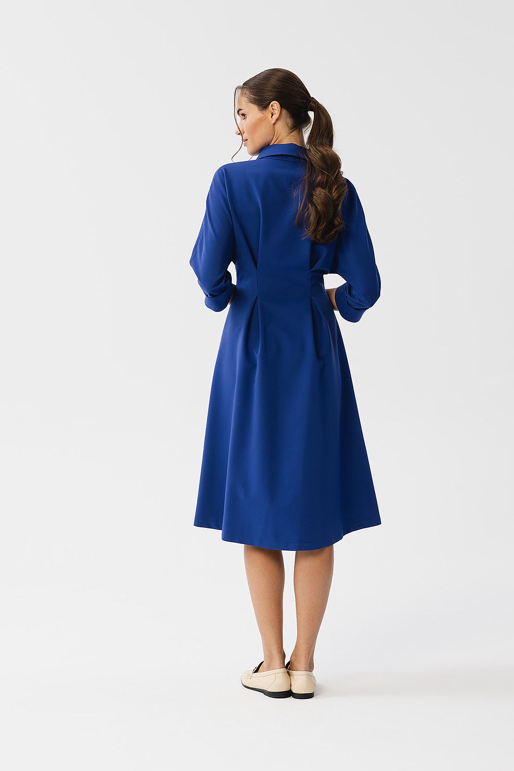 Stylove Elegant Daydress with Collar, Button Closure, 3/4 Sleeves, and Waist Pleats