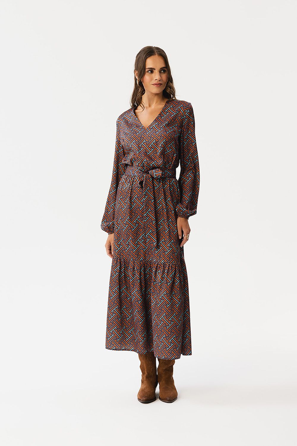 Stylove Maxi Dress With Geometric Pattern, V-Neck, Ruffle Hem & Waist Tie, Made In Poland