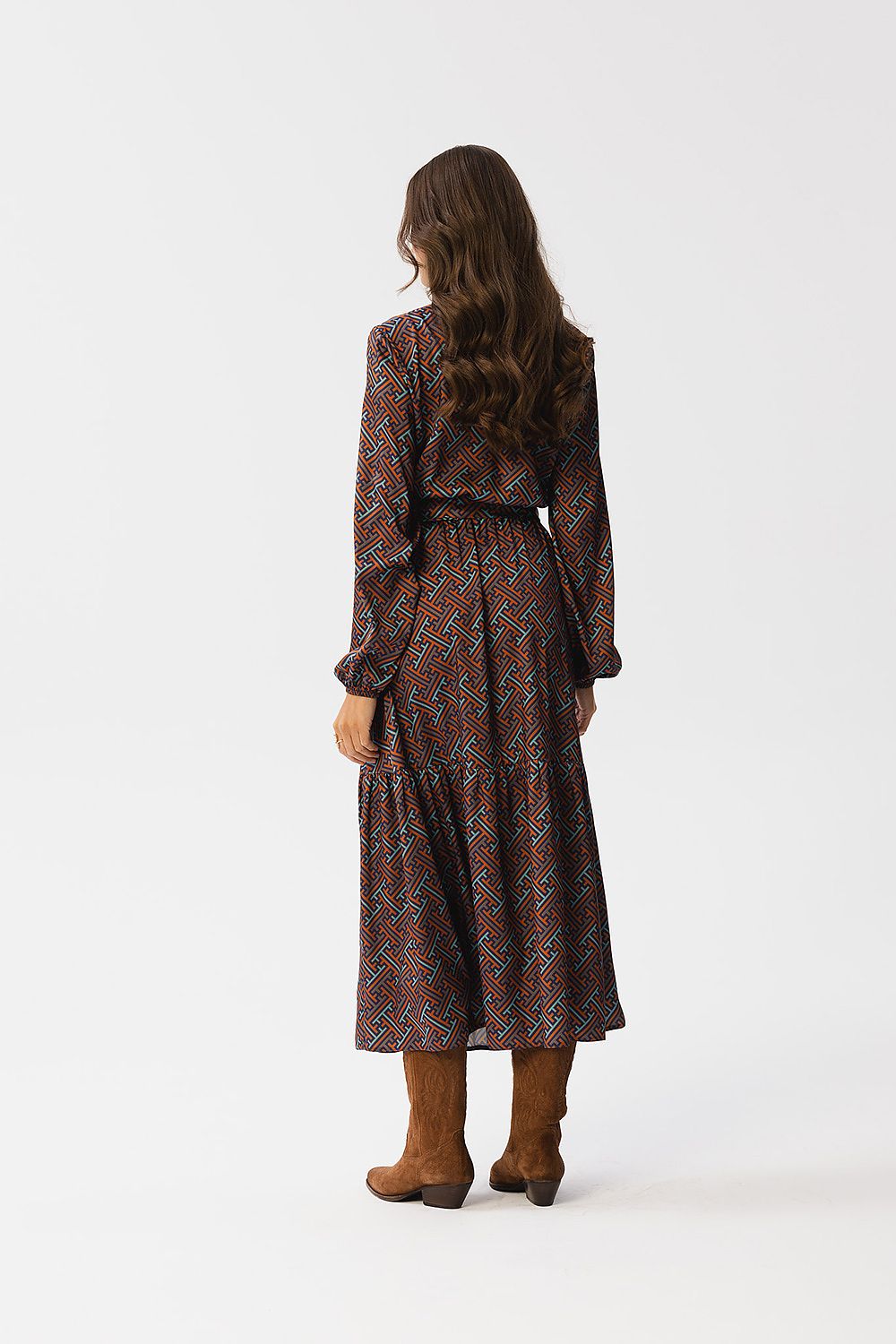 Stylove Maxi Dress With Geometric Pattern, V-Neck, Ruffle Hem & Waist Tie, Made In Poland