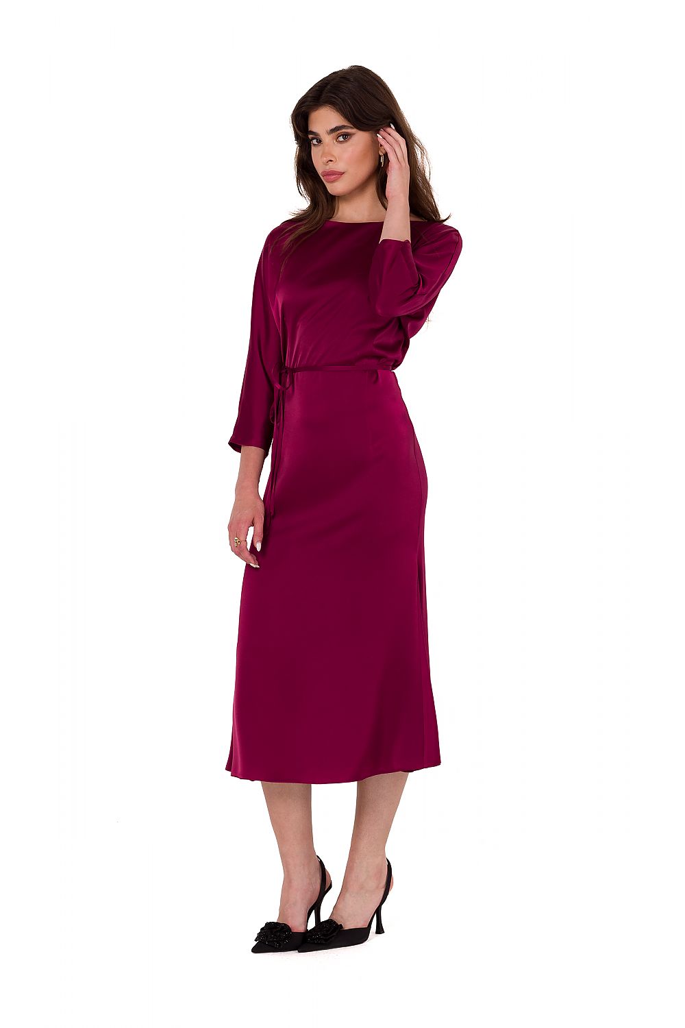 Elegant Satin Midi Dress With Kimono Sleeves And Waist Belt - Handmade In Poland