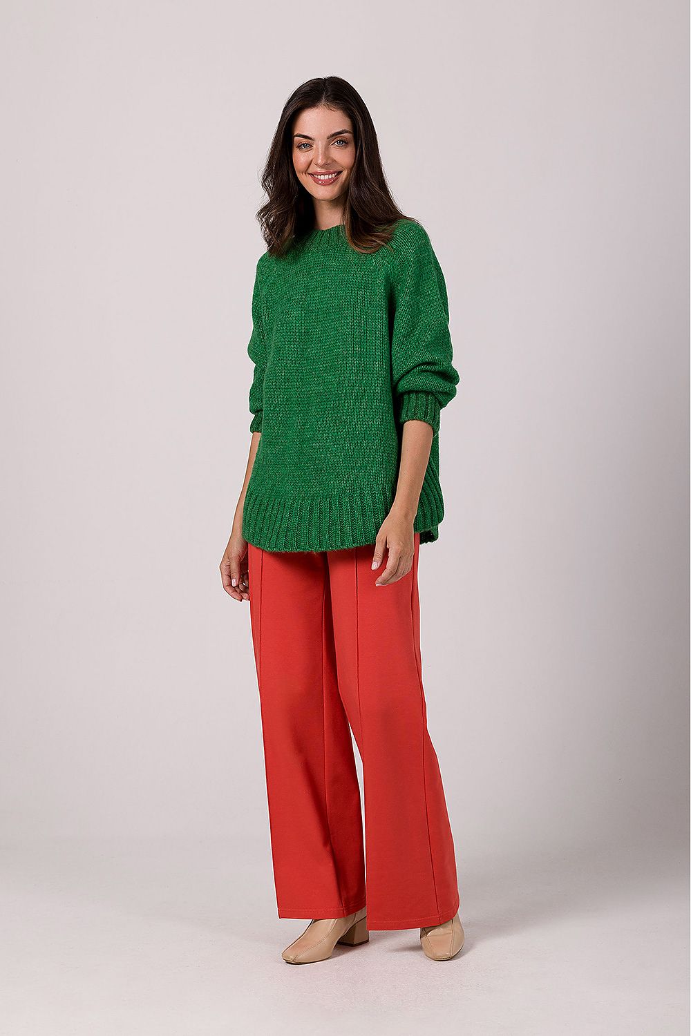 Women's Oversized Knit Jumper With Batwing Sleeves in Soft Ribbed Yarn - Made in Poland