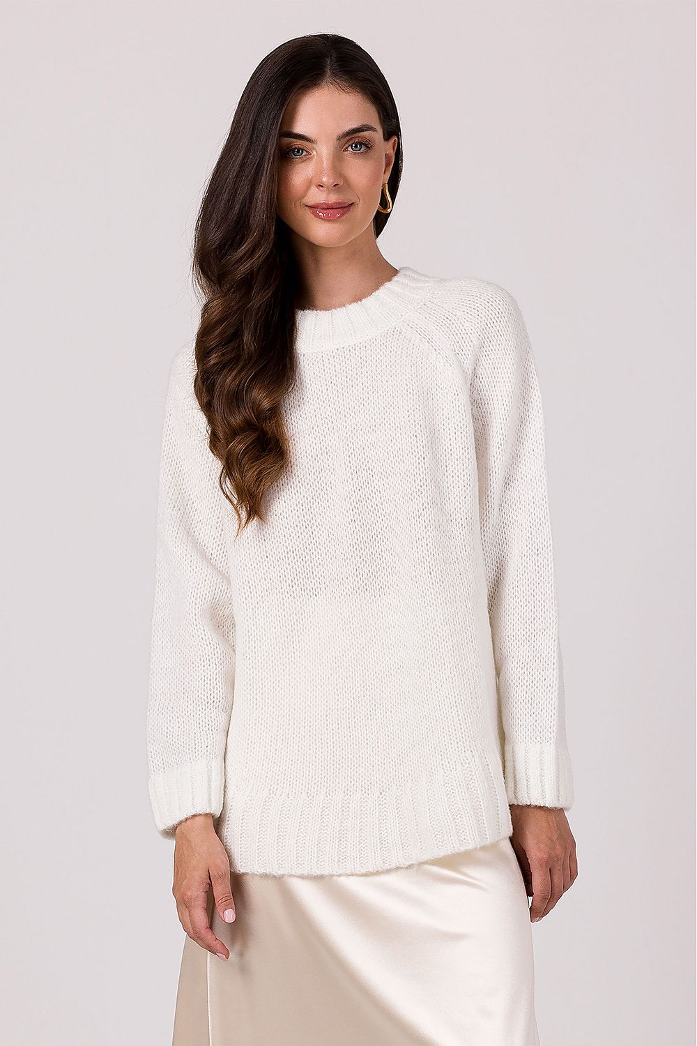 Women's Oversized Knit Jumper With Batwing Sleeves in Soft Ribbed Yarn - Made in Poland