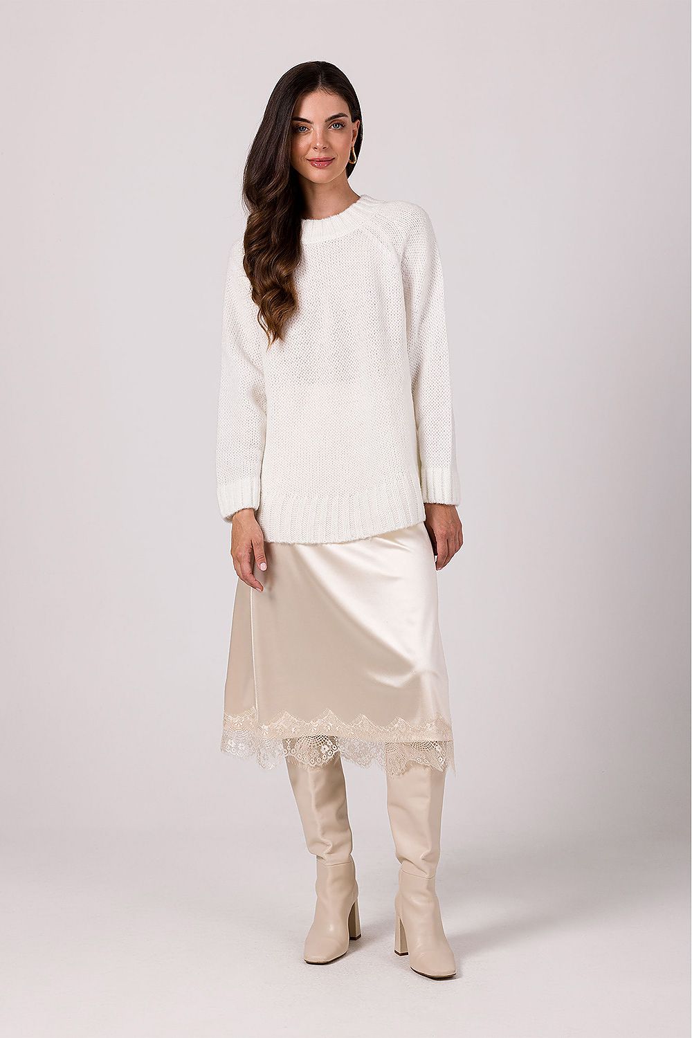 Women's Oversized Knit Jumper With Batwing Sleeves in Soft Ribbed Yarn - Made in Poland