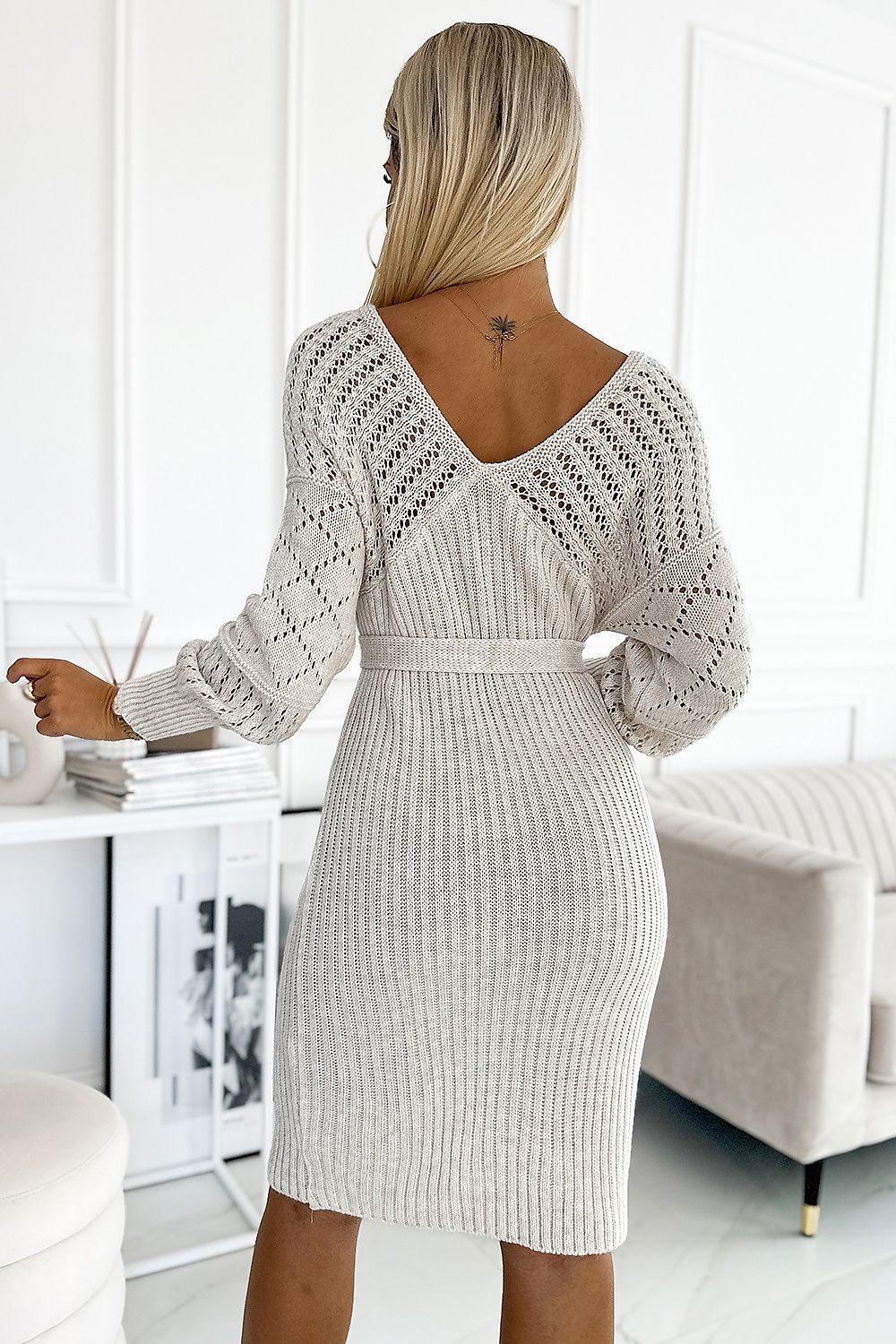 Beige Openwork Long Sleeve Daydress by Numoco – Elegant and Versatile Fashion Statement