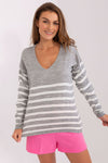 Elegant Striped V-Neck Sweater for Women - Badu Acrylic and Wool Blend