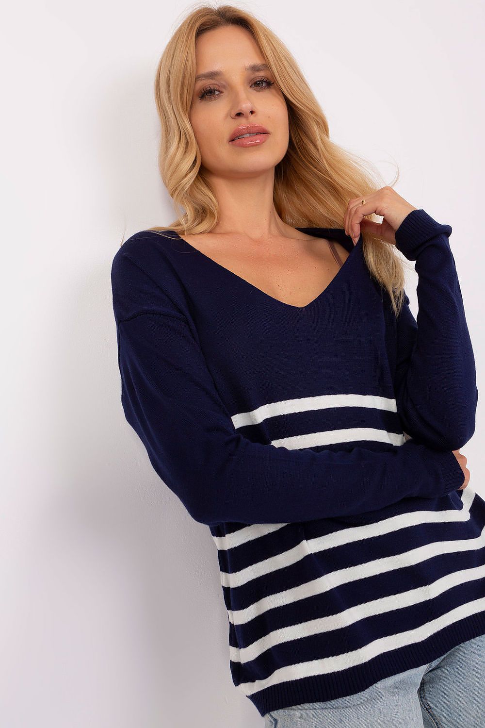 Elegant Striped V-Neck Sweater for Women - Badu Acrylic and Wool Blend