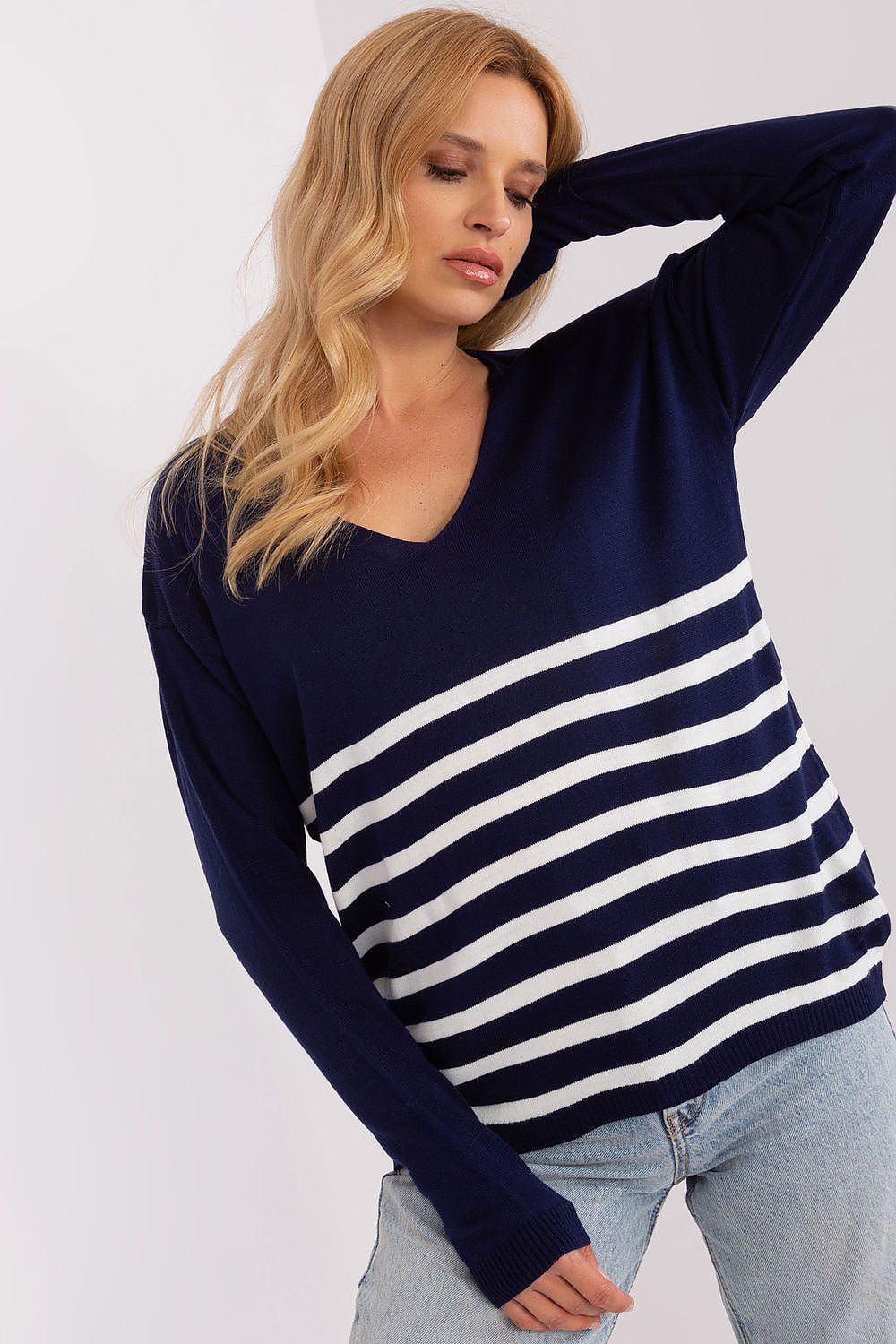 Elegant Striped V-Neck Sweater for Women - Badu Acrylic and Wool Blend