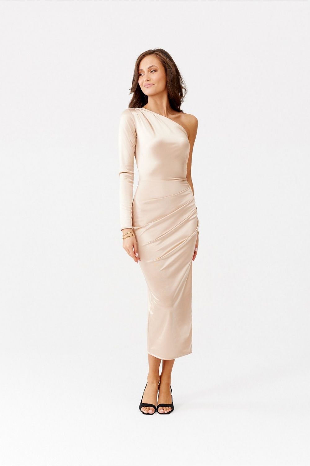 Roco Fashion Satin Midi Dress with One Long Sleeve and Slit - Elegant Evening Wear