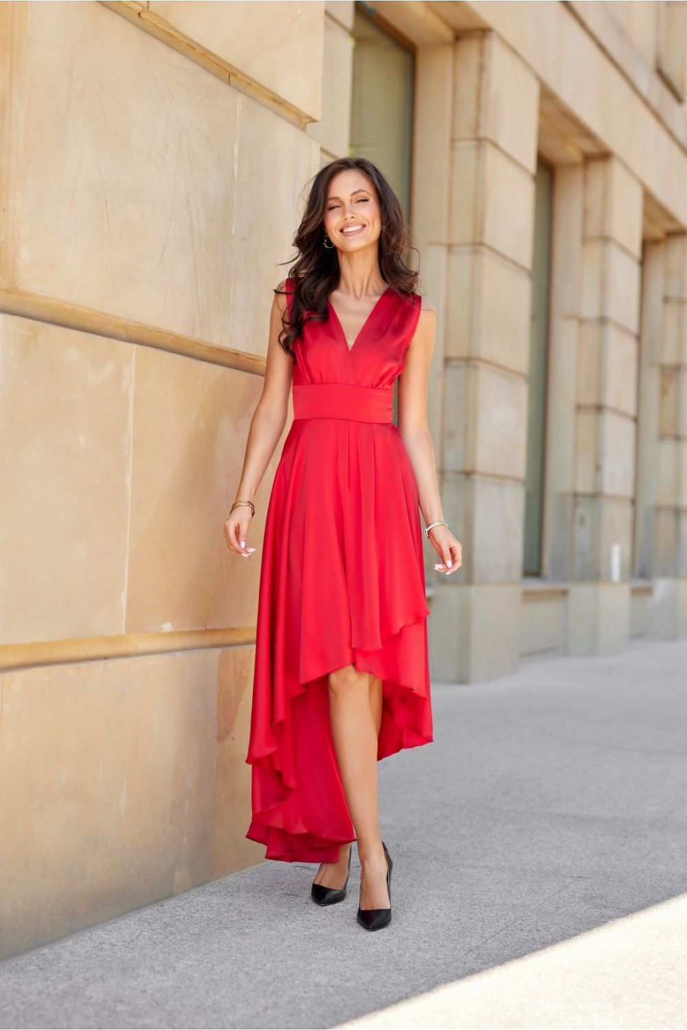 Elegant Asymmetrical Satin Maxi Dress with Envelope Neckline by Roco Fashion