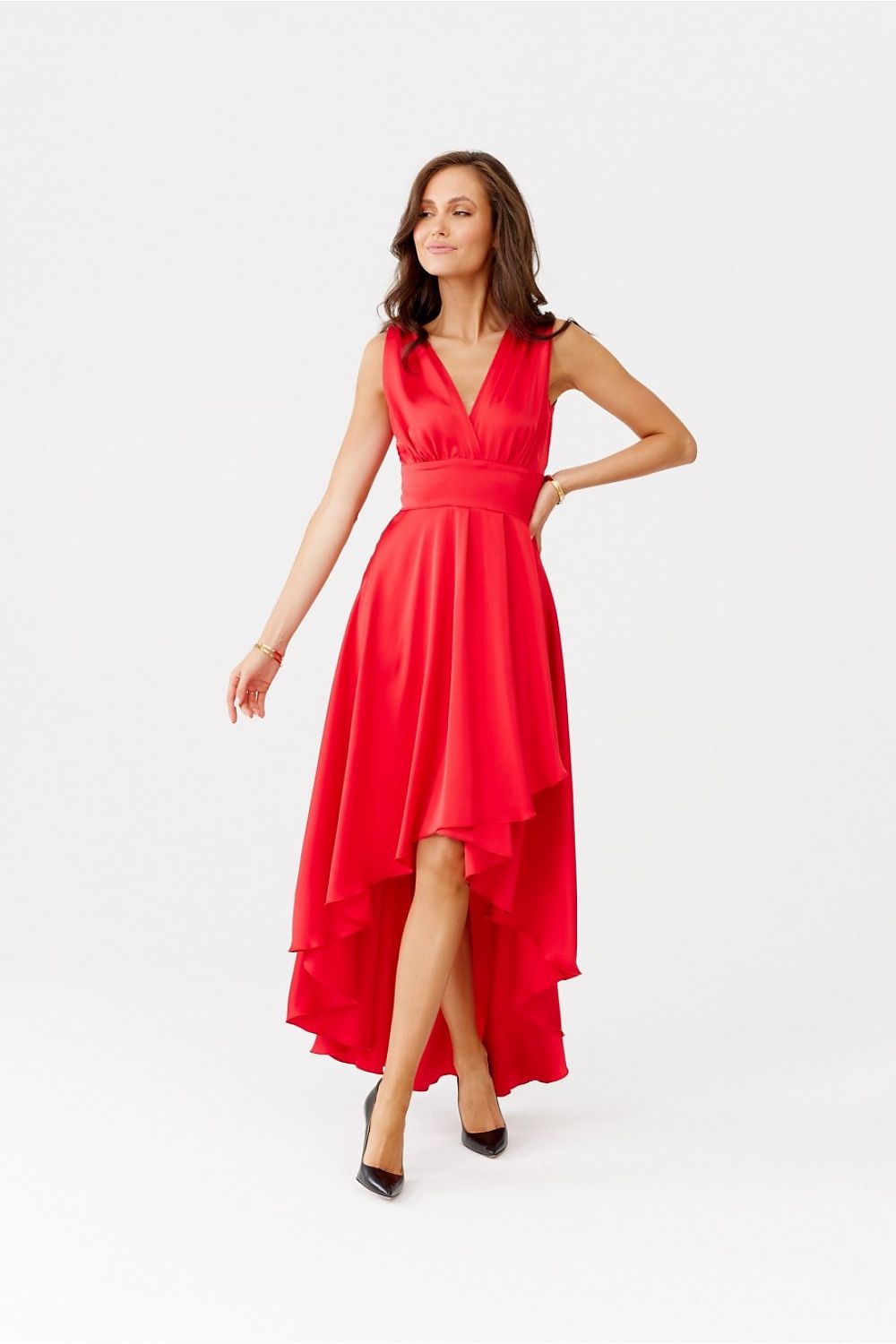 Elegant Asymmetrical Satin Maxi Dress with Envelope Neckline by Roco Fashion