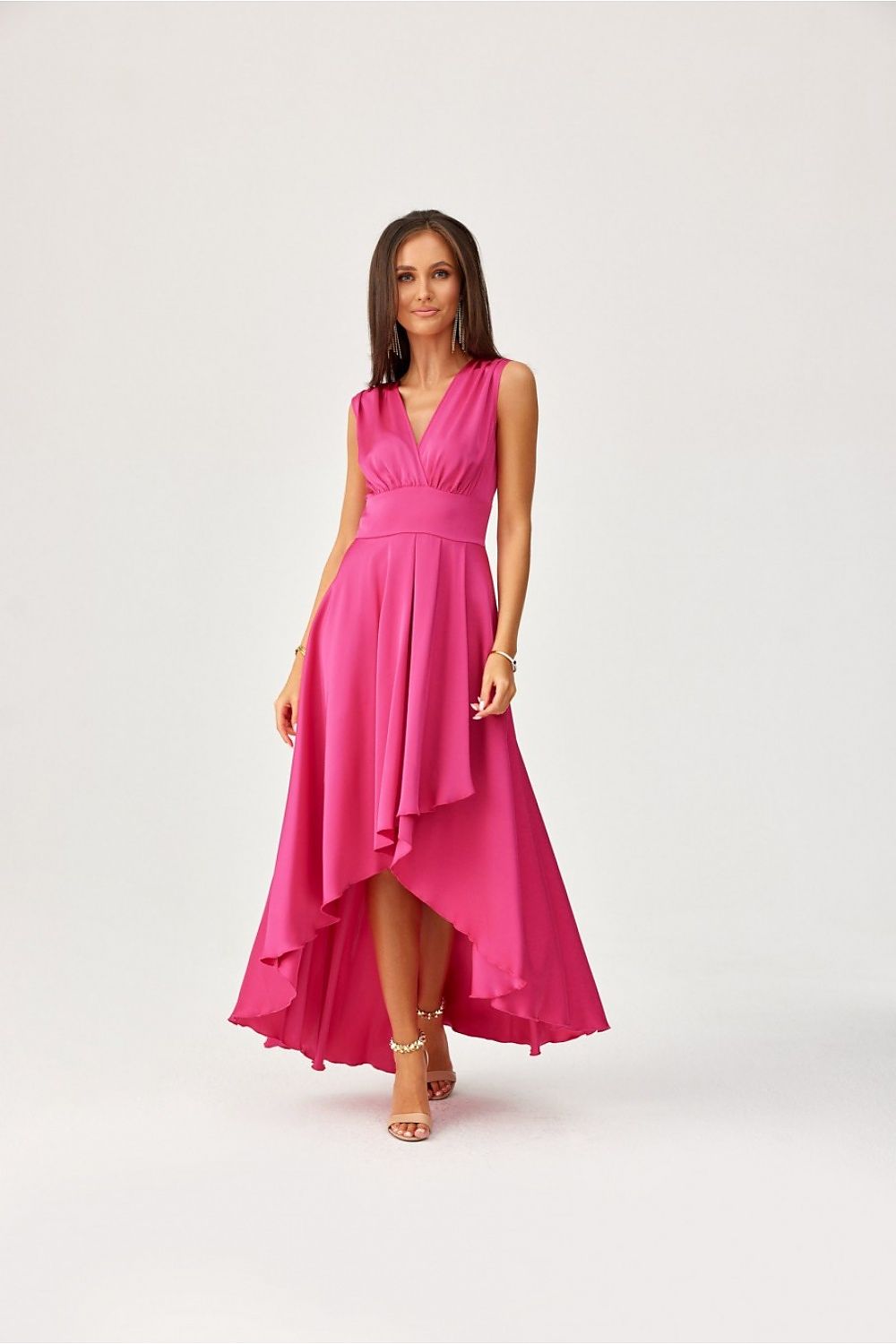 Elegant Asymmetrical Satin Maxi Dress with Envelope Neckline by Roco Fashion