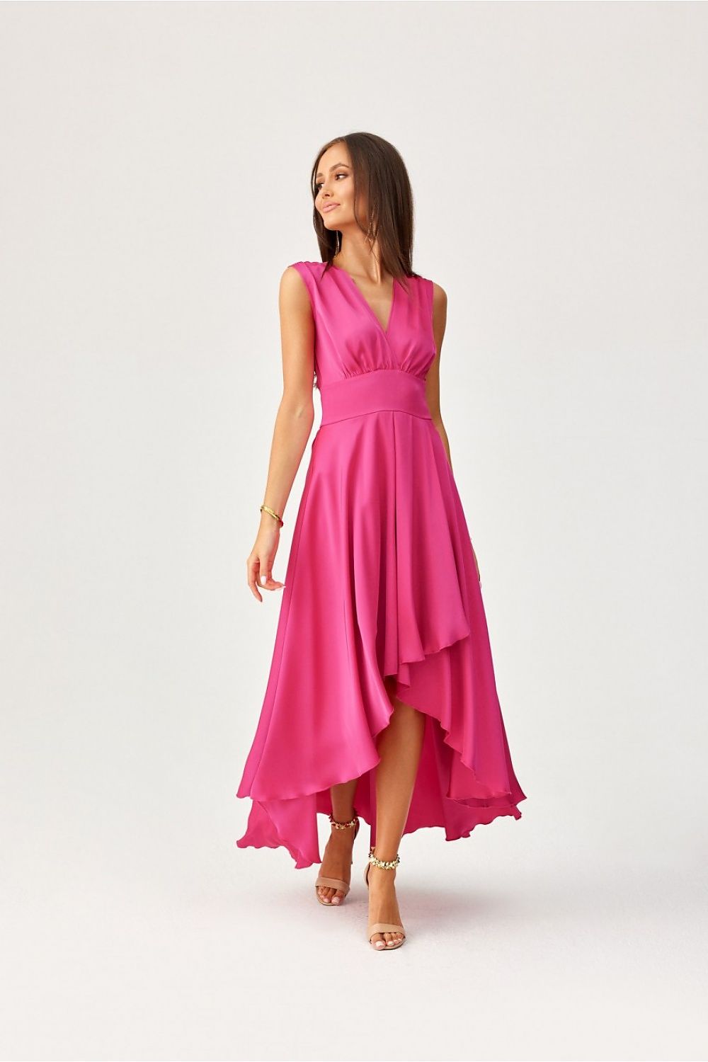 Elegant Asymmetrical Satin Maxi Dress with Envelope Neckline by Roco Fashion