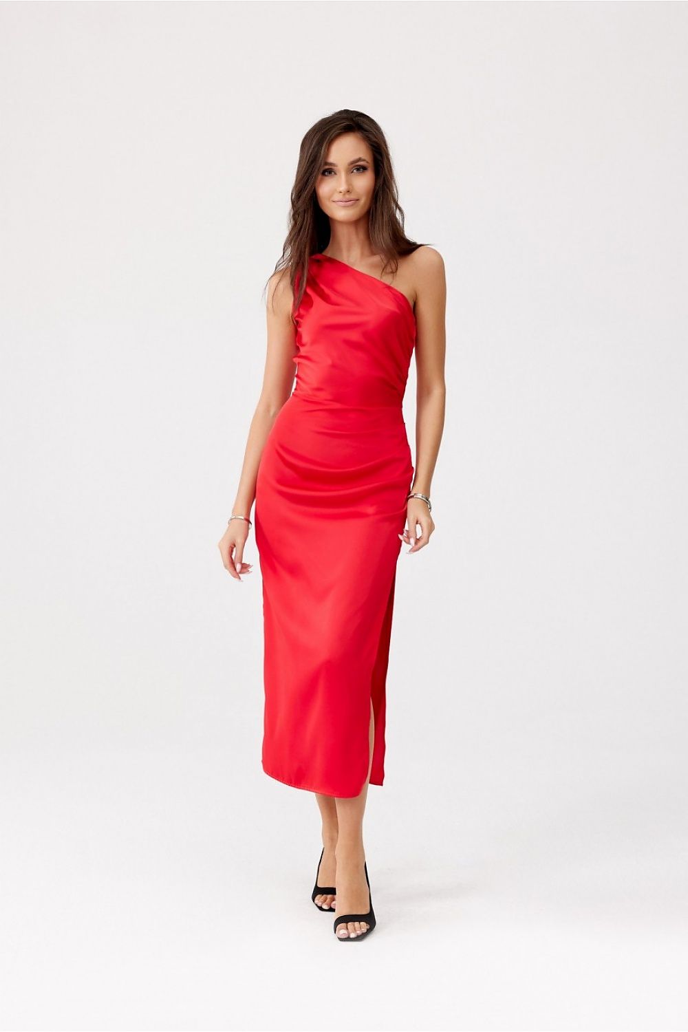Elegant One-Shoulder Midi Dress with Satin Fabric and Subtle Slit by Roco Fashion