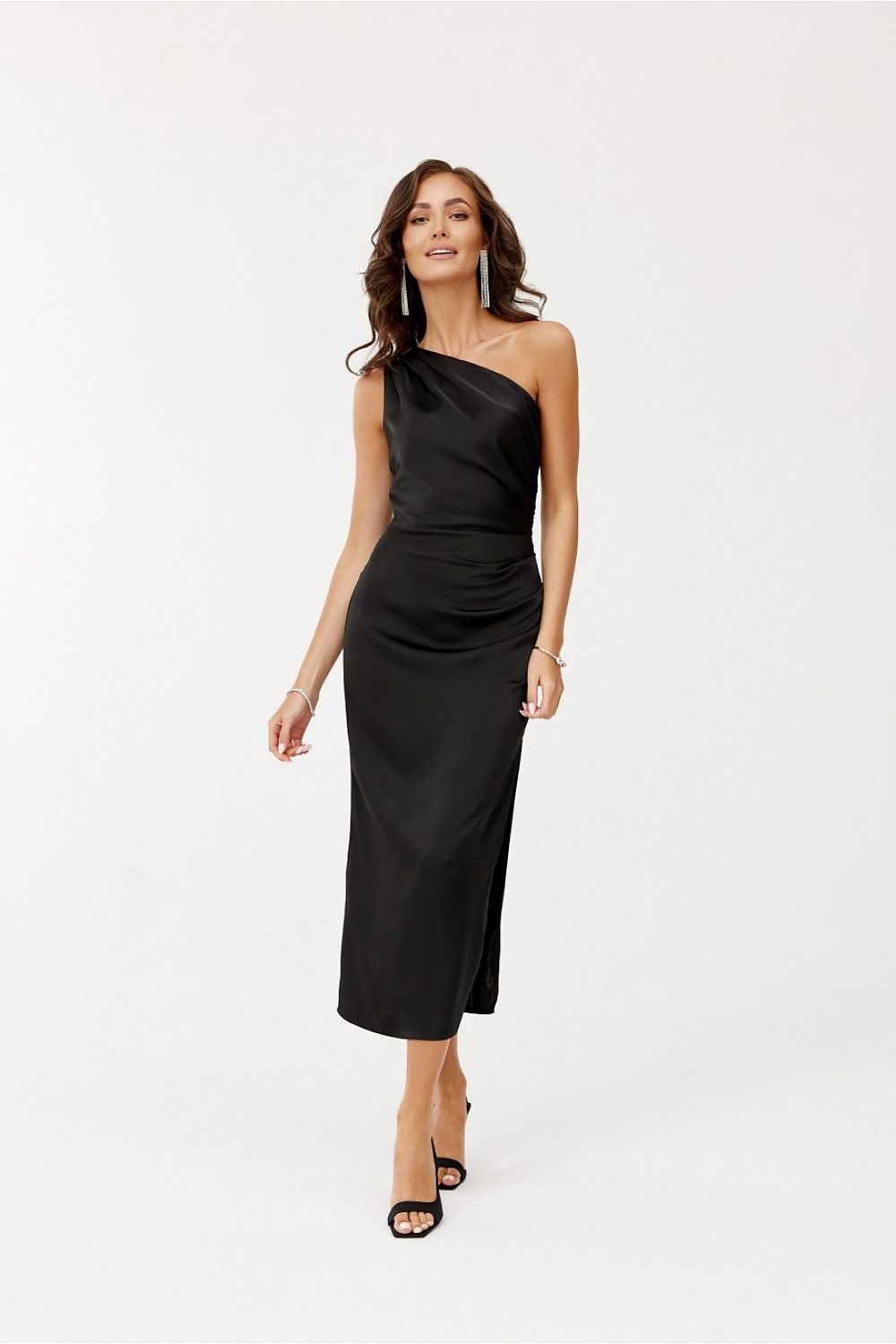 Elegant One-Shoulder Midi Dress with Satin Fabric and Subtle Slit by Roco Fashion