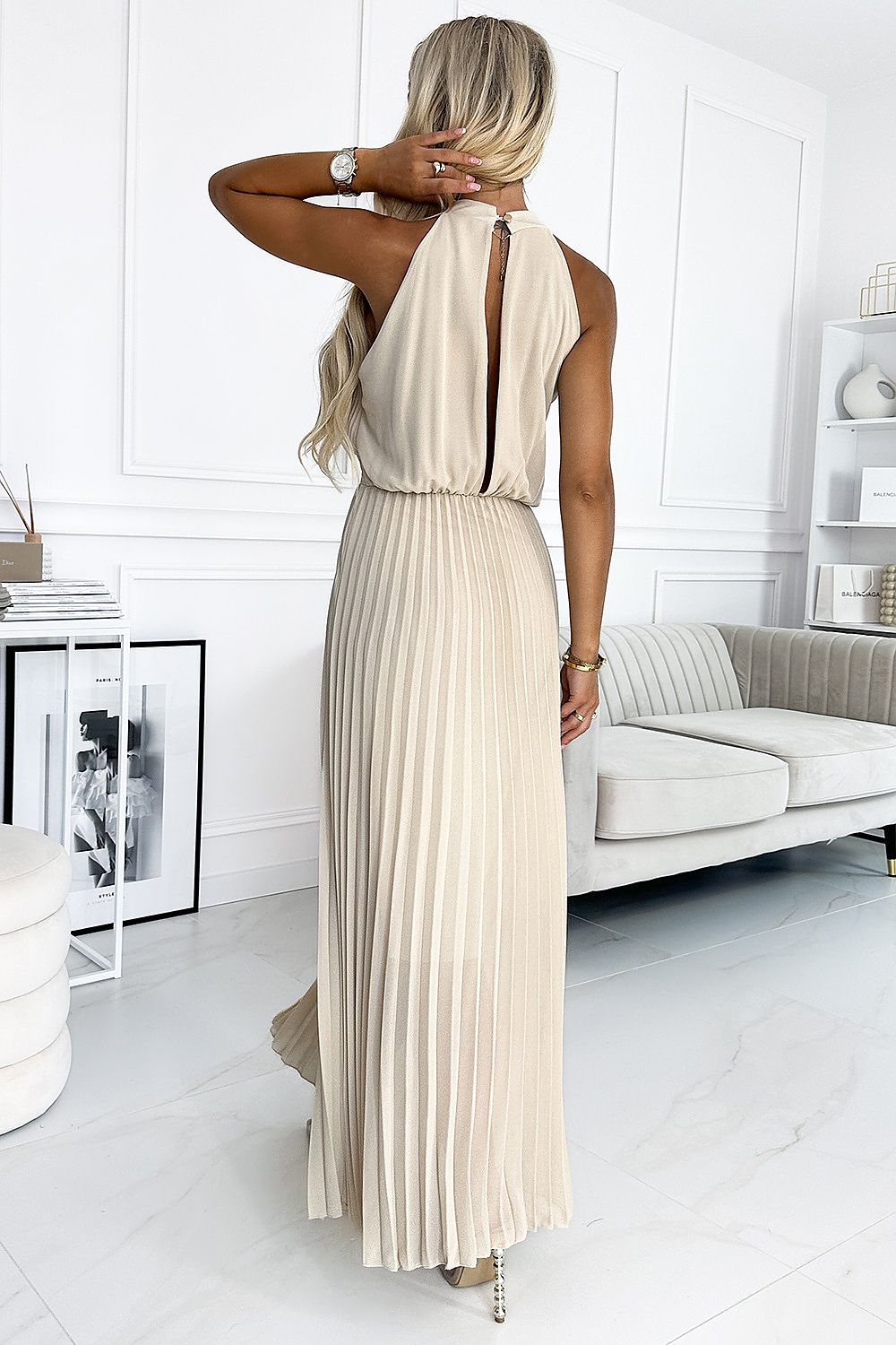 Beige Pleated Chiffon Midi Cocktail Dress with Teardrop Neckline - EU Sizes Available