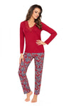RITA LONG Women's Burgundy Viscose Pajamas Set with Lace Trim and Floral Design