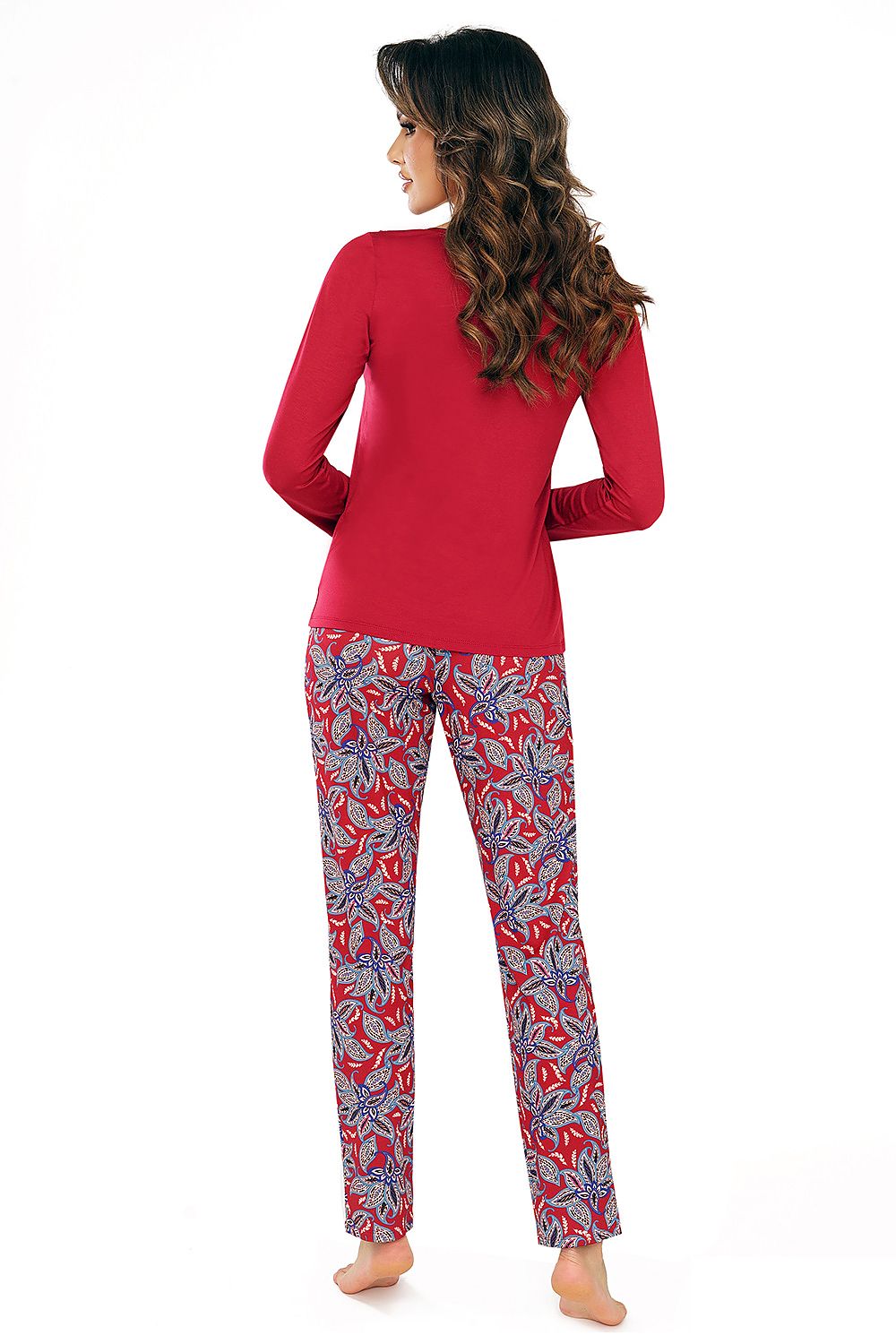 RITA LONG Women's Burgundy Viscose Pajamas Set with Lace Trim and Floral Design