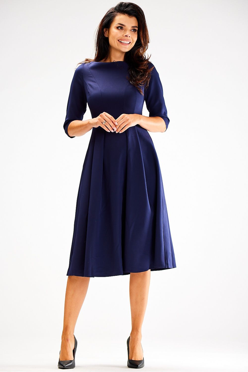 Elegant Flared Daydress with 3/4 Sleeves and Boat Neckline by Awama - Perfect for Any Occasion