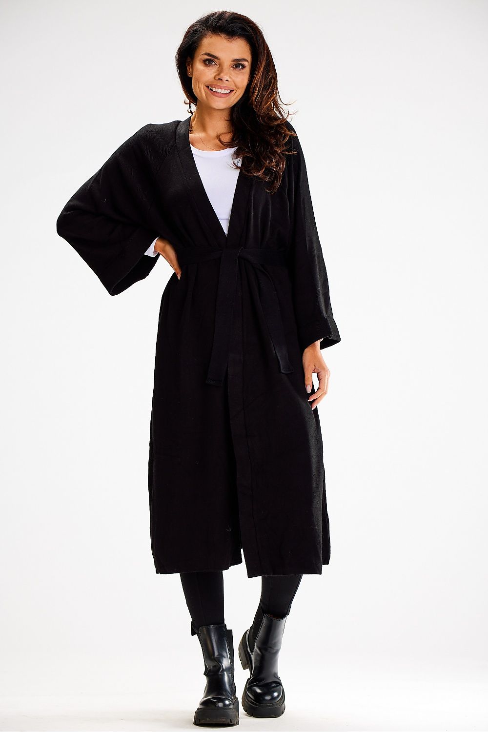 Luxurious Long Cardigan With Tie Belt And Wide Sleeves – Soft Nylon, PBT, And Viscose Blend