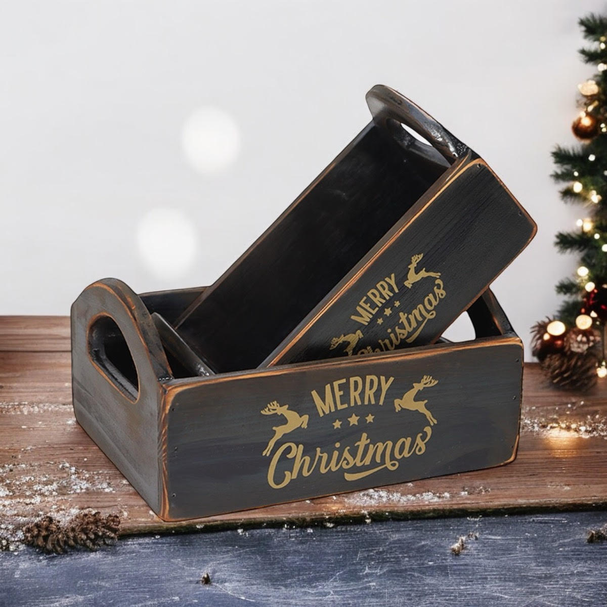 SET 2 BLACK WOODEN CRATES