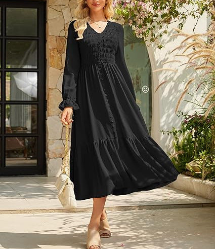 Women's Solid-Color Pleated V-Neck Flowy Casual Dress